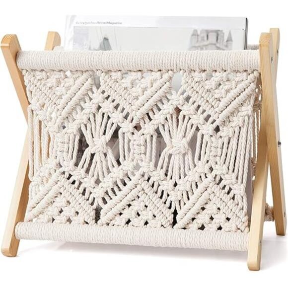 Macrame Magazine Rack Boho Storage Holder Standing Basket for Books, Newspapers - Picture 14 of 14